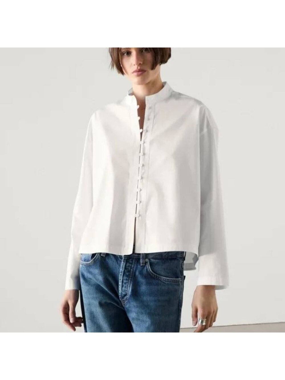 Massimo Dutti White Button-Up Shirt Womens MEDIUM Mandarin Collar 5138/838 NWT